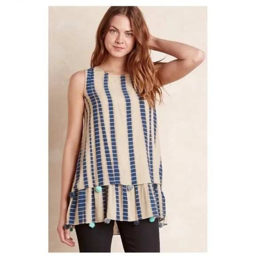 Hemant & Nandita Silk‎ Pom Pom Trim Sleeveless Top Anthropologie size 2